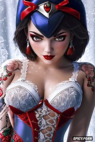 tattoos masterpiece, k shot on canon dslr, ultra detailed, ashe overwatch beautiful face young sexy low cut snow white lace lingerie