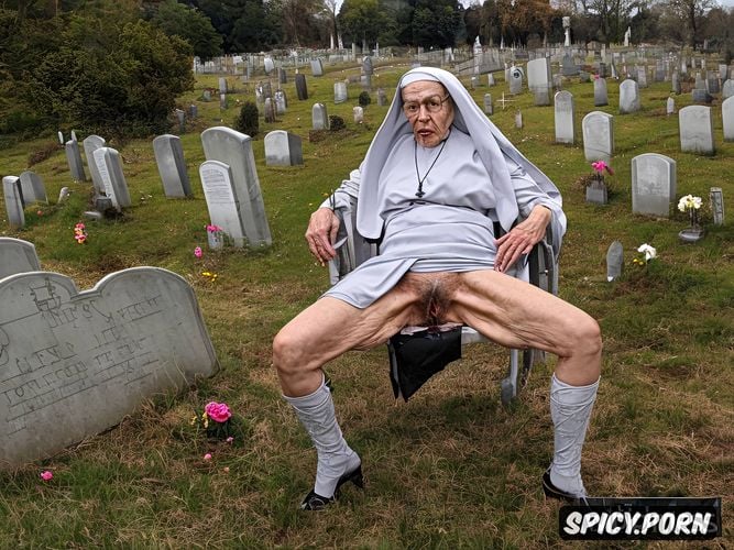 catholic nun, pale, very old granny, cemetery, spreading cellulite legs