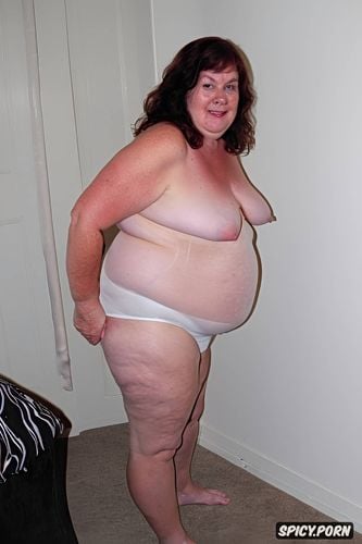 topless, wearing white see through coton loose long shorts, an old fat woman naked with obese ssbbw belly