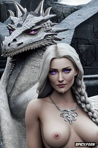 pale skin, dragon banners, soft purple eyes, throne room, throne