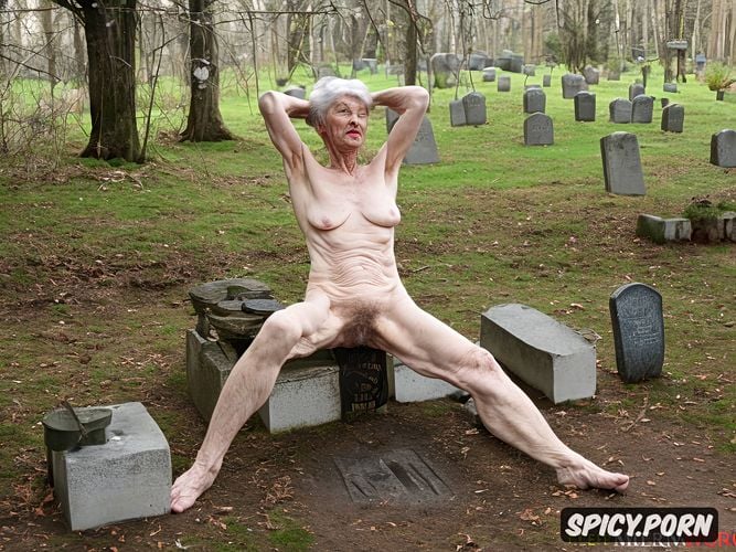 gaunt, sitting on gravestone, very hairy armpits, granny ninety