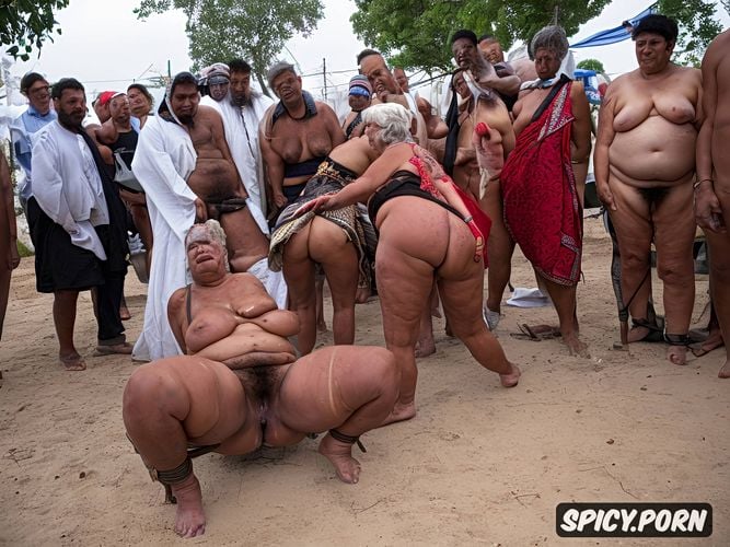 massive boobs, massive belly, huge nipples, massive ass, four naked caucasian grannies