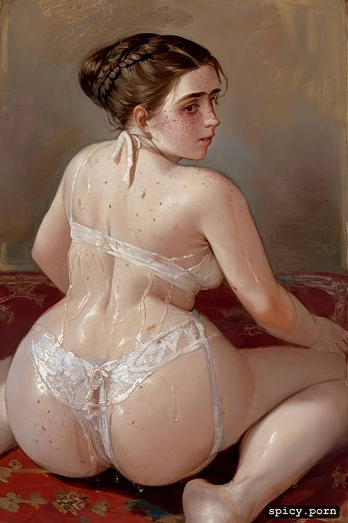 small shiny snub nose, indignant, freckles, masterpiece, ilya repin painting
