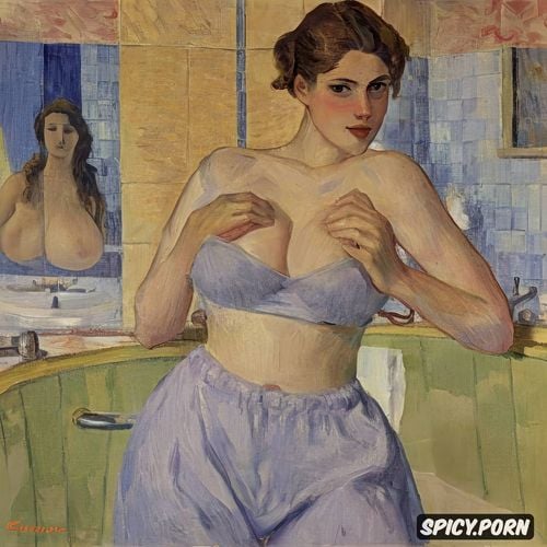 georges seurat, édouard vuillard, blushing woman with red lips and flushed cheeks in shady bathroom bathing intimate tender modern post impressionist fauves erotic art