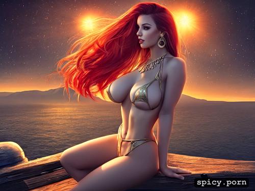 full body, grin, necklace, red hair, lens flare, best quality