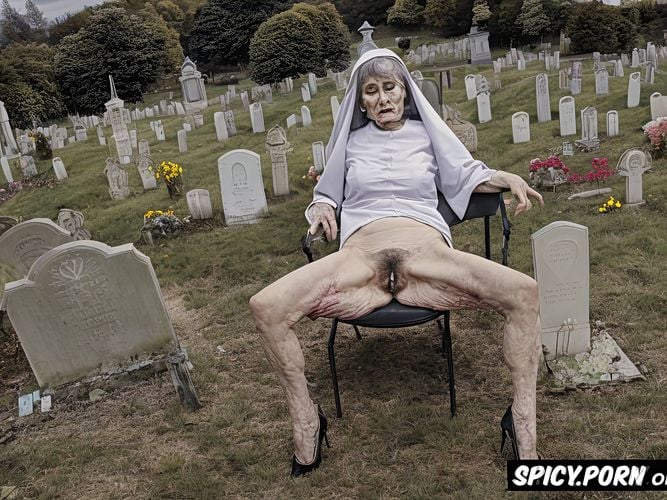 catholic nun, pale, very old granny, cemetery, spreading cellulite legs