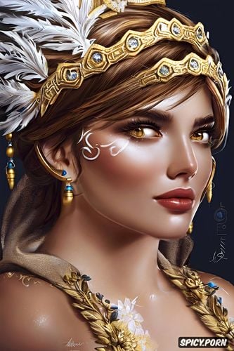 tracer overwatch beautiful face young tattoos flowing low cut white greek robes golden greek wreath crown busty smirking portrait