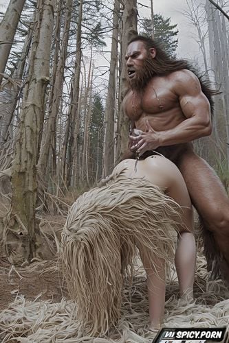 male sasquatch deep humping woman from behind, one on one, intent on effective copulation