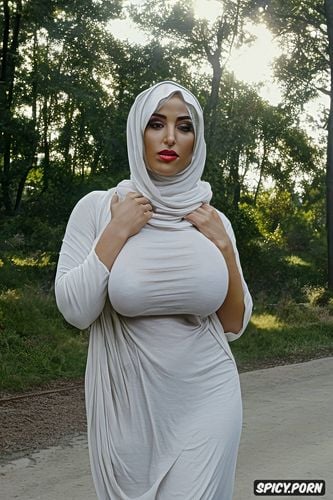 hourglass body shape1 6, extra naked in hijab, giant sagging round breast1 6