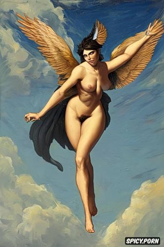 henri gervex, angel flying in the sky, flat breast full body shot