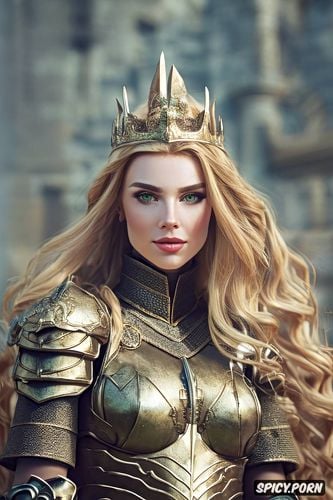 confident smirk, tiara, female knight, soft green eyes, wearing red scale armor