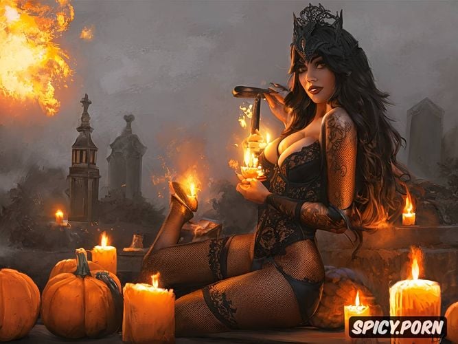 lit torches moonlight, black lingerie, orange stockings, pumpkin head