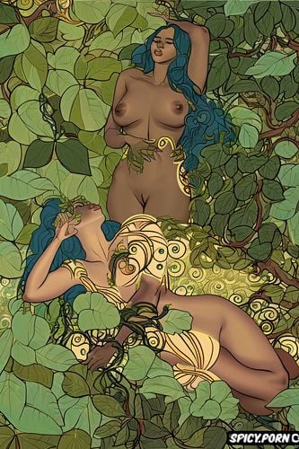 women in leafy summer forest with fingertip nipple touching breasts green leaves and vines intimate tender lips style of gustav klimt golden green decorative