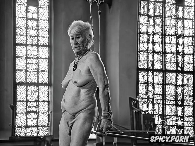 stained glass windows, hollow sunken wrinkled belly, extremely old wrinkled granny