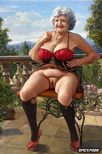 the very old fat grandmother queen skirt has nude pussy under her skirt