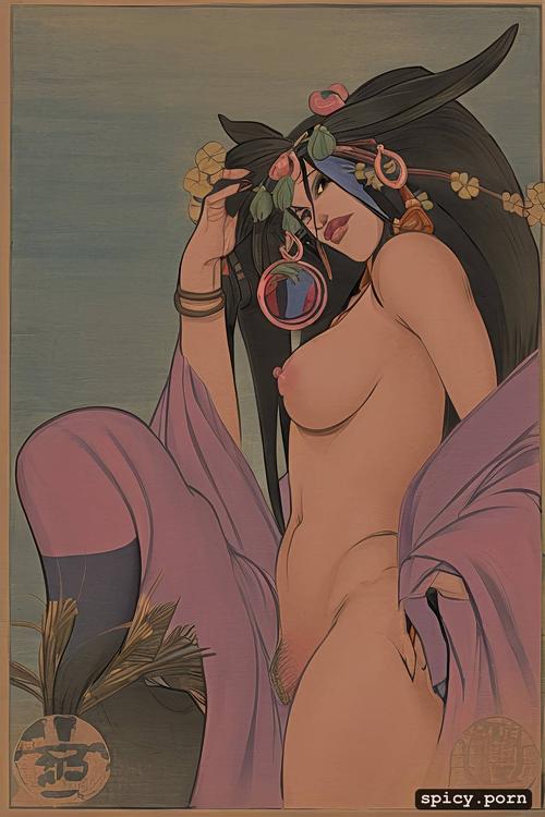 nostrils, mandrill face woman, japanese woodblock print, pink pastel blue nose