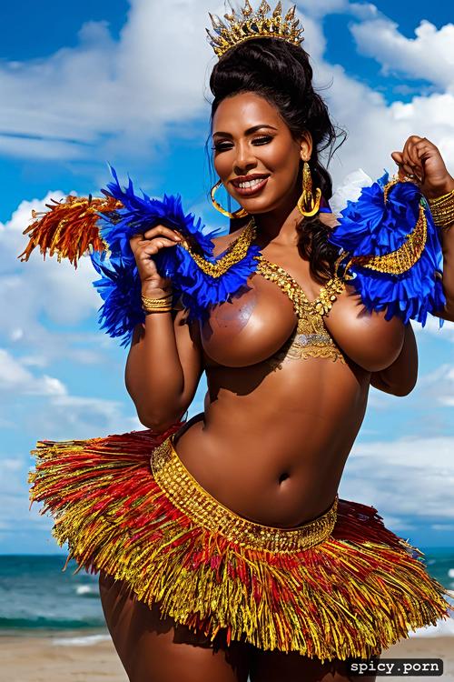 64 yo beautiful tahitian dancer, beautiful smiling face, extremely busty