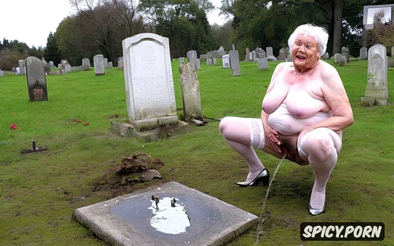 ultra detailed pissing very old granny on the grave, realistic detailed face