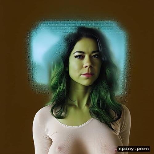 visible nipples, torn clothes, highres, green tatiana maslany in courtroom as she hulk saggy breasts