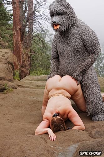 doggy style hunched over yeti furry sasquatch hybridization massive boobs fur all over big boobs round boobs fur pale white woman clawing doggy style vagina ass tongue vagina anal sharp teeth claws deep throat deep anal sex fur