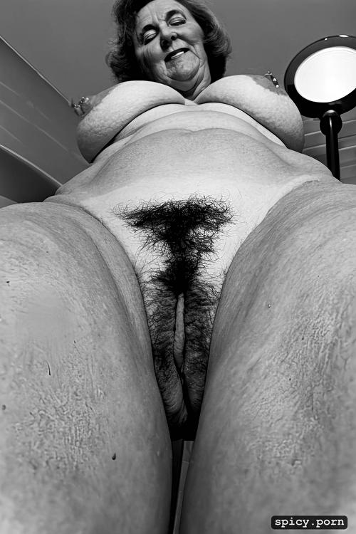 full frontal shot from below, exposing moist vagina, ssbbw, color photo