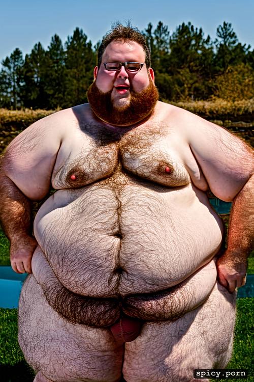 whole body, realistic very hairy big belly, american man, cute round face with beard and glasses