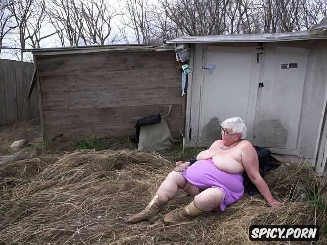 torn and dirty skirt, wrinkles on the face, great topless, fat homeless old woman