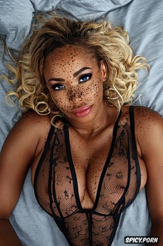 black lace lingerie, seductive facial expression, freckles on nose and chest