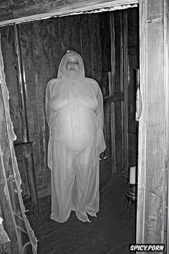 ghost with transparent shape of naked fat old woman in a haunted house