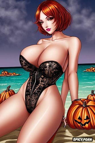 ginger hair, elegant, dominatrix, small boobs, on beach, short