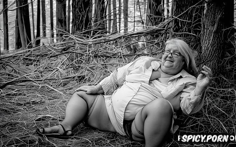 ugly very fat grandma, very old ssbbw, sandals, glasses, sitting on the wooden floor in a cabin in the cursed woods