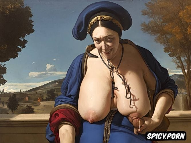 black cassock, blue, looking at viewer, realistic, yellow, saggy tits1 7