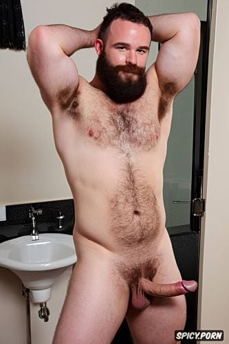 solo hairy gay chubby man with a big dick showing full body and perfect face beard showing hairy armpits indoors beefy body