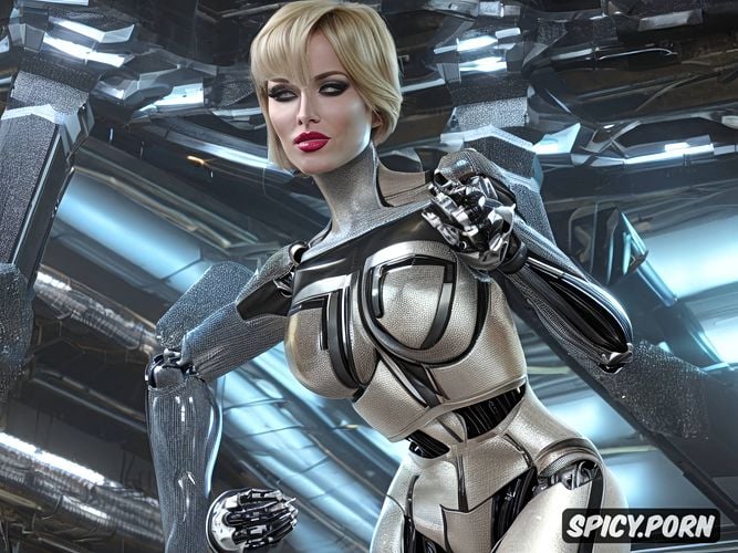 internal robotic parts visible in the abdomen, sexy blonde robot with fully metallic body and huge tits