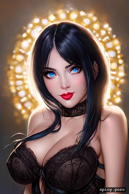 beautiful boobs, blue eyes, big eyes, black hair, pale skin