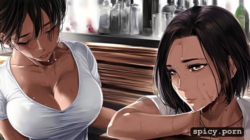 scared, very small boobs, sketch, thai teen sitting in bar, detailed face