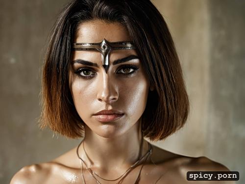 short hair, symmetrical eyes, athletic body, no makeup, beautiful persian female warrior