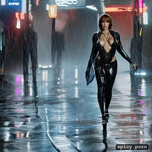blade runner, realistic, large saggy breasts, revealing transparent black leather bikini top with skintone inserts