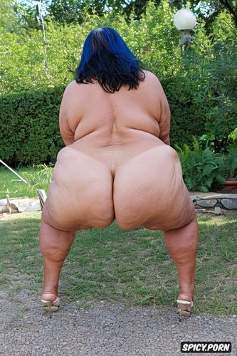 squatting, vibrant colors, huge saggy ass, massive saggy ass