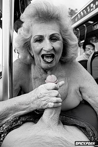 enormous dick, on the tram, busty granny, very surprised, very detailed face