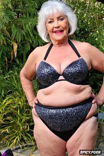 hot senior granny, white hair, in sling bikini standing in back yard by pool showing tits