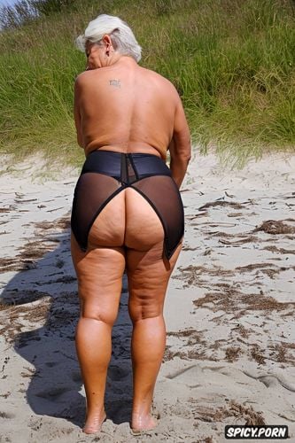80 years old, latina lady, beach, blondie hair, seductive, massive ass