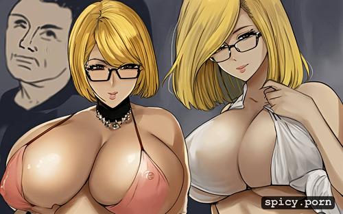 japanese woman, bobcut hair, big boobs, yellow hair, glasses