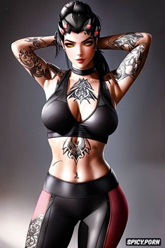 tattoos masterpiece, ultra detailed, widowmaker overwatch beautiful face young sexy tight black yoga pants and top