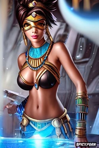 ultra detailed, ultra realistic, tracer overwatch female pharaoh ancient egypt pharoah crown beautiful face topless