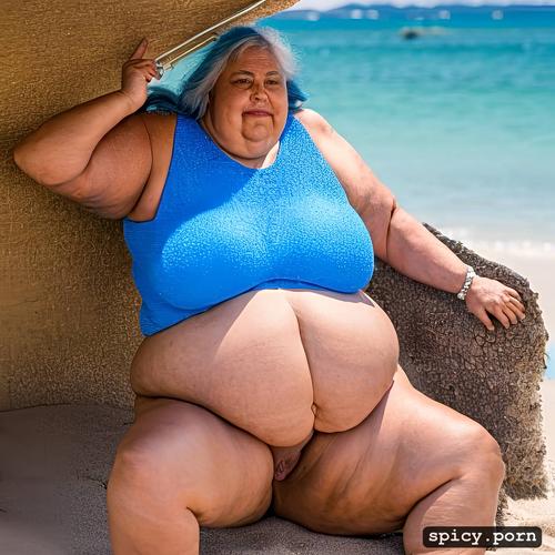 highres, fat pussy, low angle camera, full nude, obese lady 75 year old