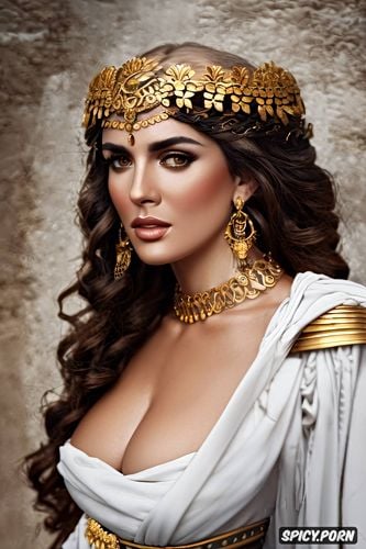 olive skin, greek mythology, high cheekbones, medium round perky natural breasts