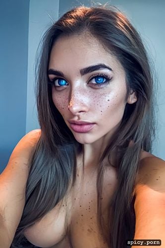 1 gray and 1 blue eye, 8k, freckels, realistic, selfie, hyper realistic
