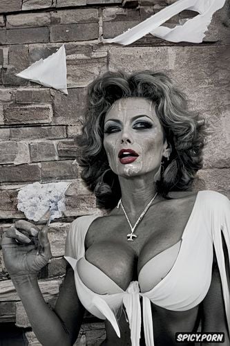 cum in mouth, sperm on glasses, semen on tits, wrinkles, sophia loren