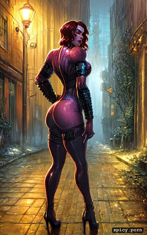 female prostitute, realistic, rain, highres, laying in dark alley